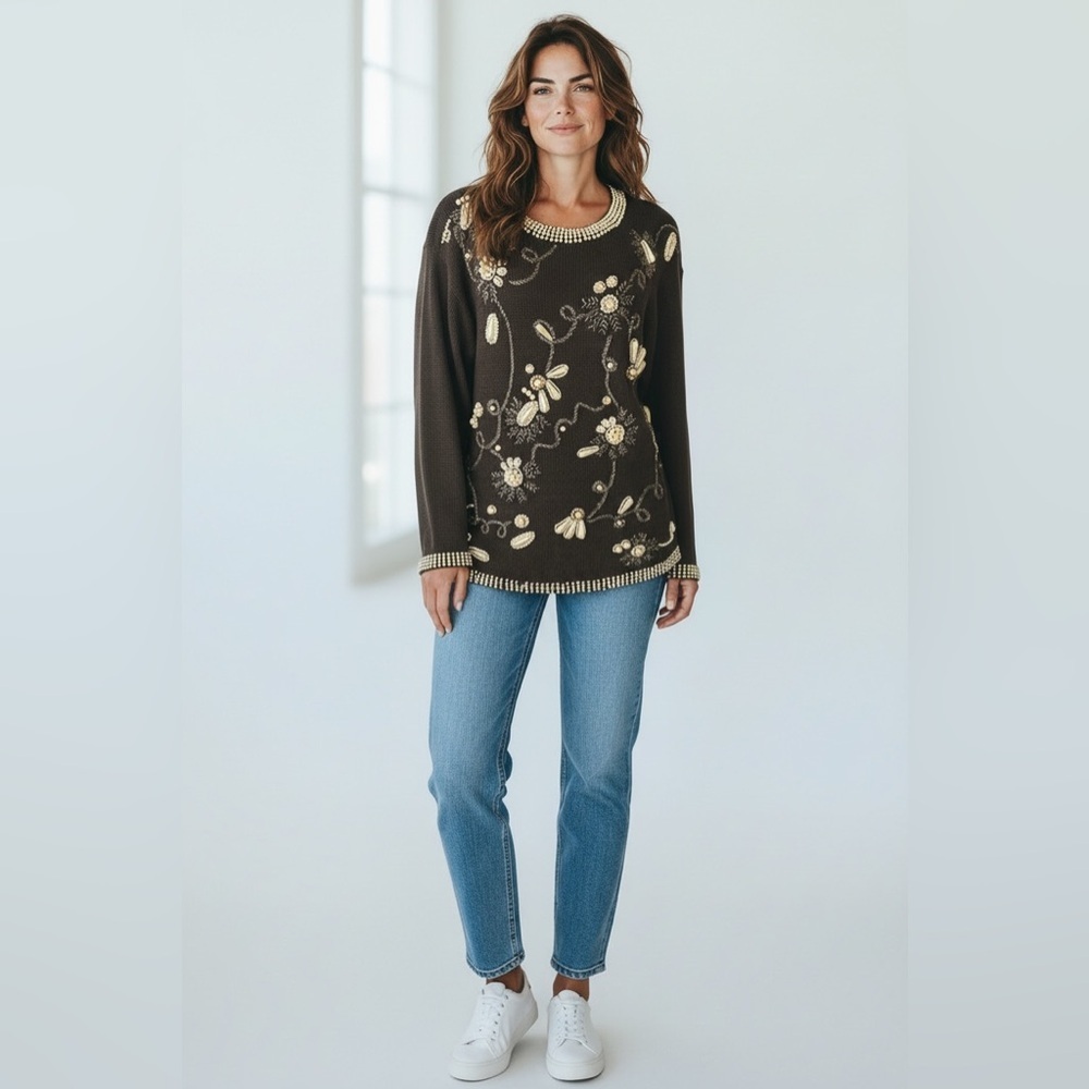 Vintage Victoria Harbour Pearl  Embellished Embroidered Sweater